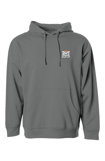 trademarked crown moto logo printed on chest of hooded sweatshirt