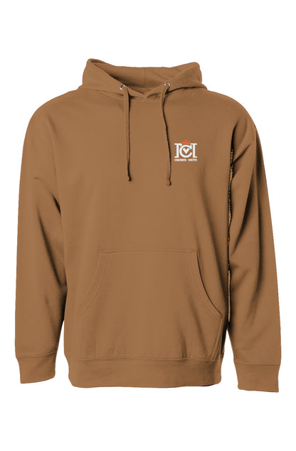 trademarked crown moto logo printed on chest of hooded sweatshirt