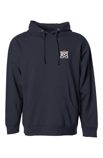 trademarked crown moto logo on chest of navy blue hooded sweatshirt