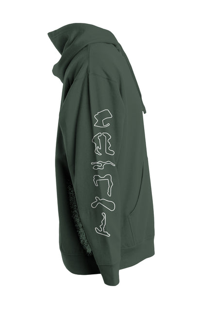 california race track maps on sleeve of green hooded sweatshirt