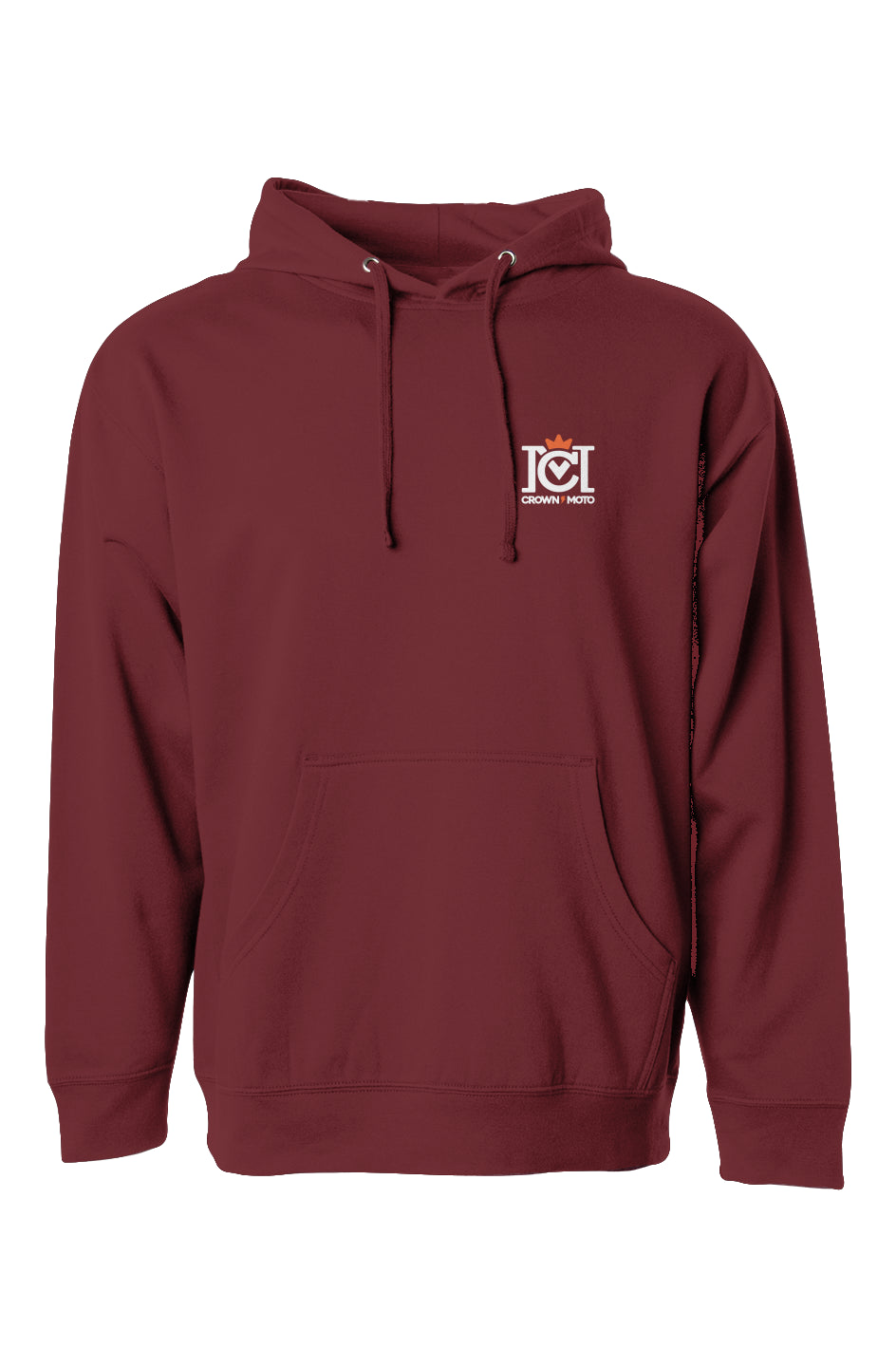 trademarked crown moto logo on chest of maroon hooded sweatshirt