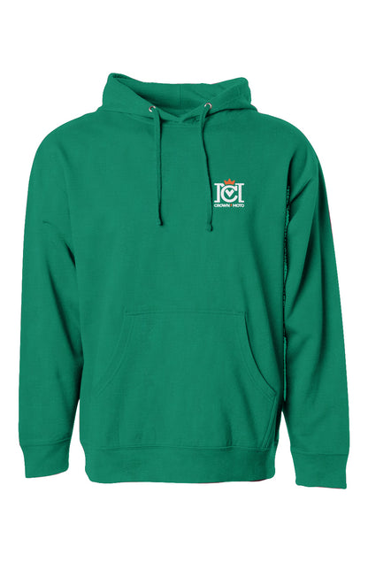 trademarked crown moto logo on chest of green hooded sweatshirt