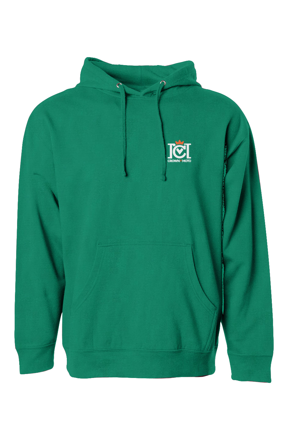 trademarked crown moto logo on chest of green hooded sweatshirt