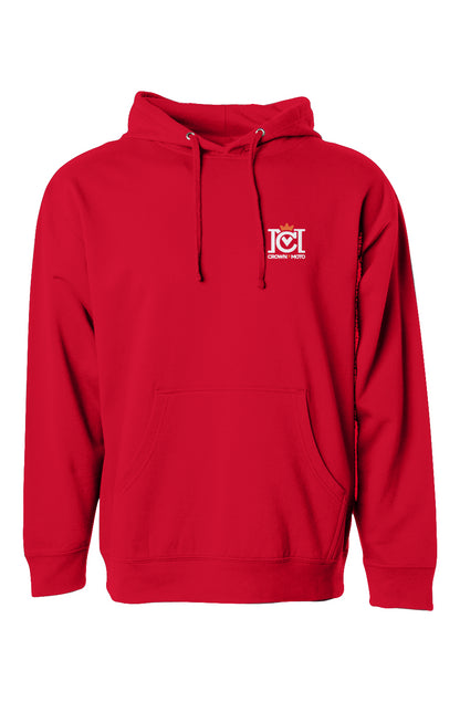 trademarked crown moto logo on chest of red hooded sweatshirt