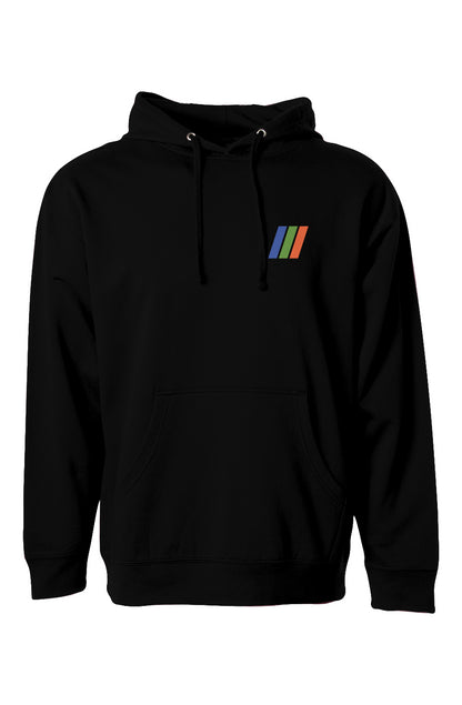 sky londa motor club rally stripes on chest of black hooded sweatshirt