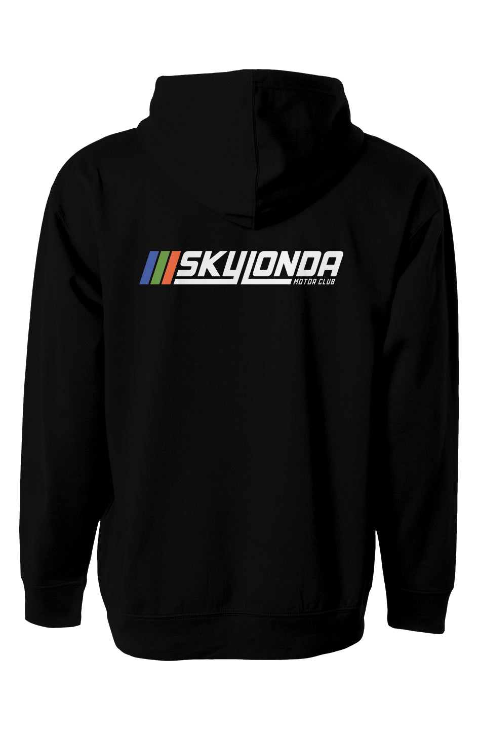 sky londa motor club rally logo on back of black hooded sweatshirt