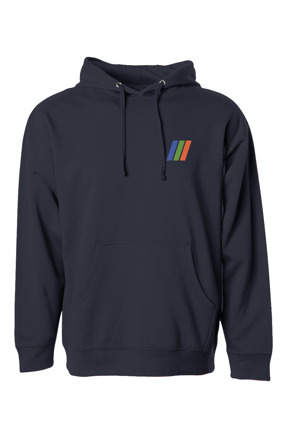 sky londa motor club rally stripes on chest of navy blue hooded sweatshirt