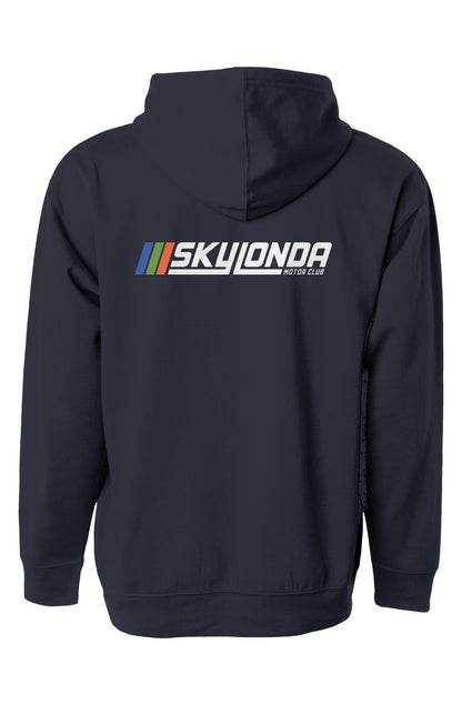 sky londa motor club rally logo on back of navy blue hooded sweatshirt