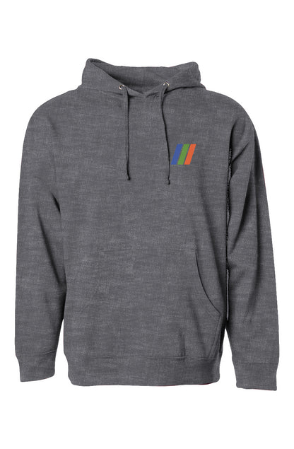 sky londa motor club rally stripes on chest of grey hooded sweatshirt