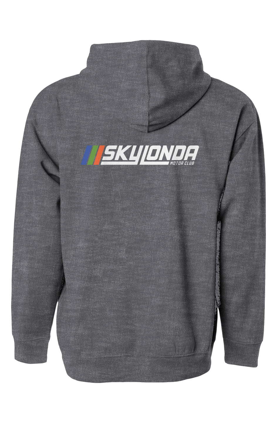 sky londa motor club rally logo on back of grey hooded sweatshirt