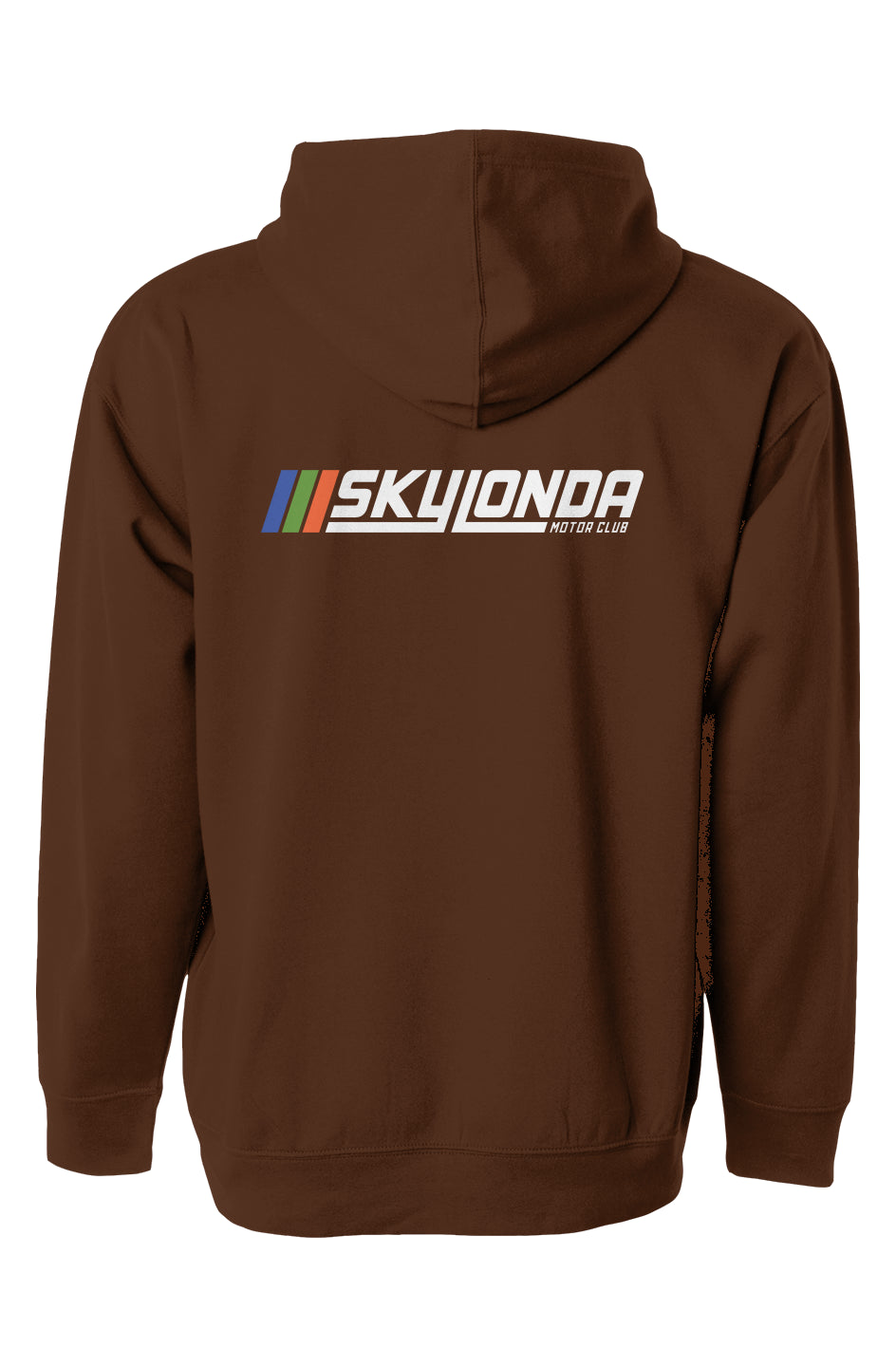 sky londa motor club rally logo on back of pullover hoodie