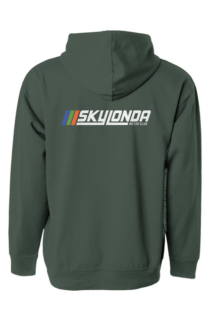 sky londa motor club rally logo on back of green hooded sweatshirt