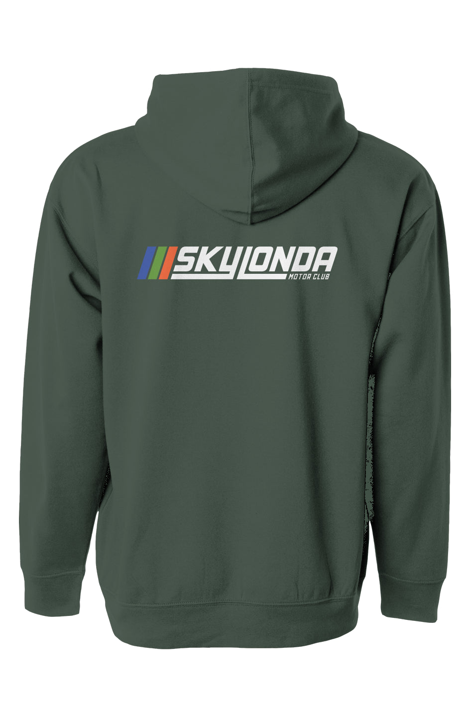 sky londa motor club rally logo on back of green hooded sweatshirt