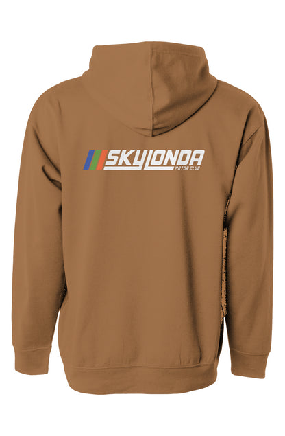 sky londa motor club rally logo on back of pullover hoodie