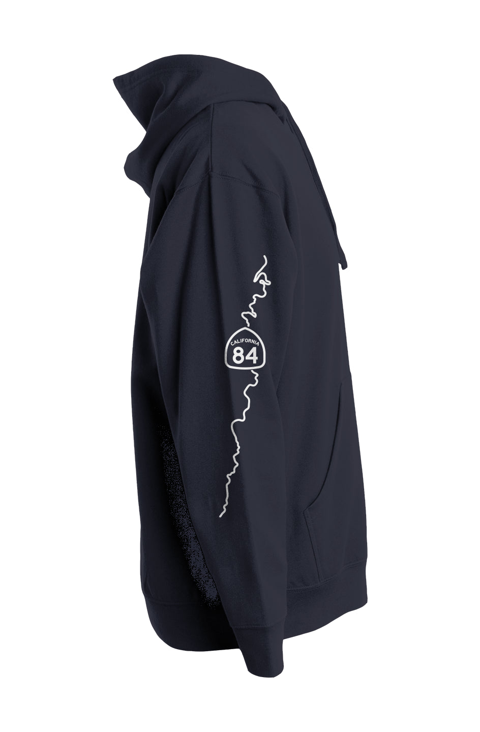 CA highway 84 map on sleeve of pullover hoodie from crown moto