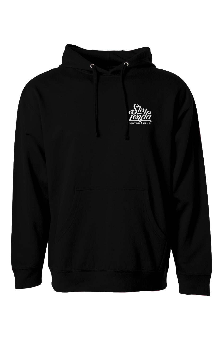 "sky londa motor club" logo on chest of pullover hoodie from crown moto