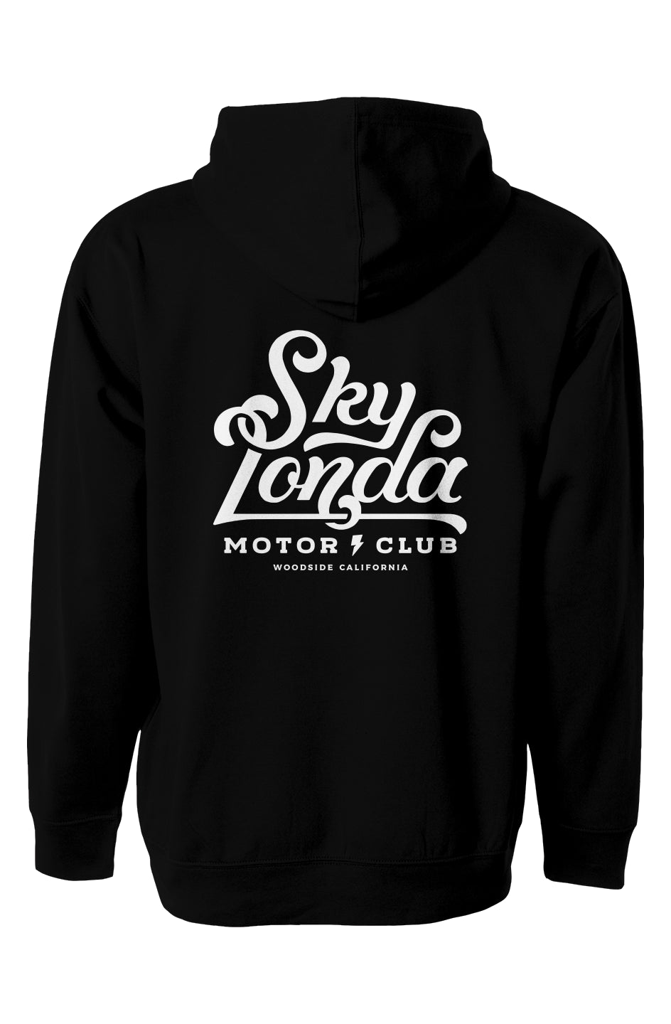 "sky londa motor club" logo on back of pullover hoodie from crown moto