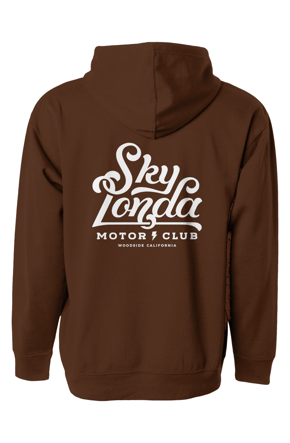 "sky londa motor club" logo on back of pullover hoodie from crown moto