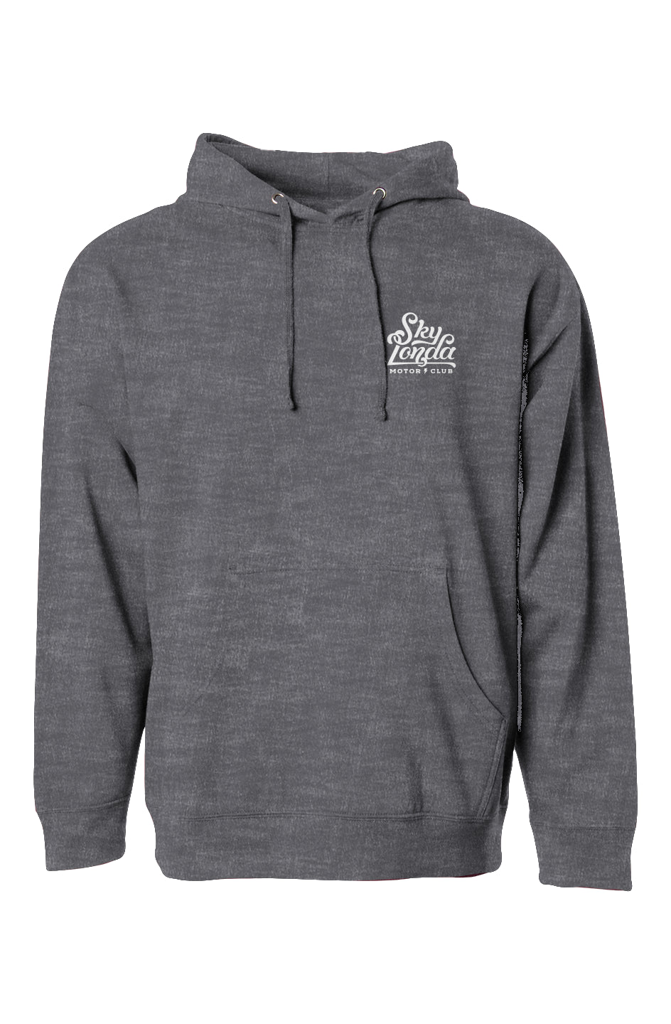 "sky londa motor club" logo on chest of pullover hoodie from crown moto