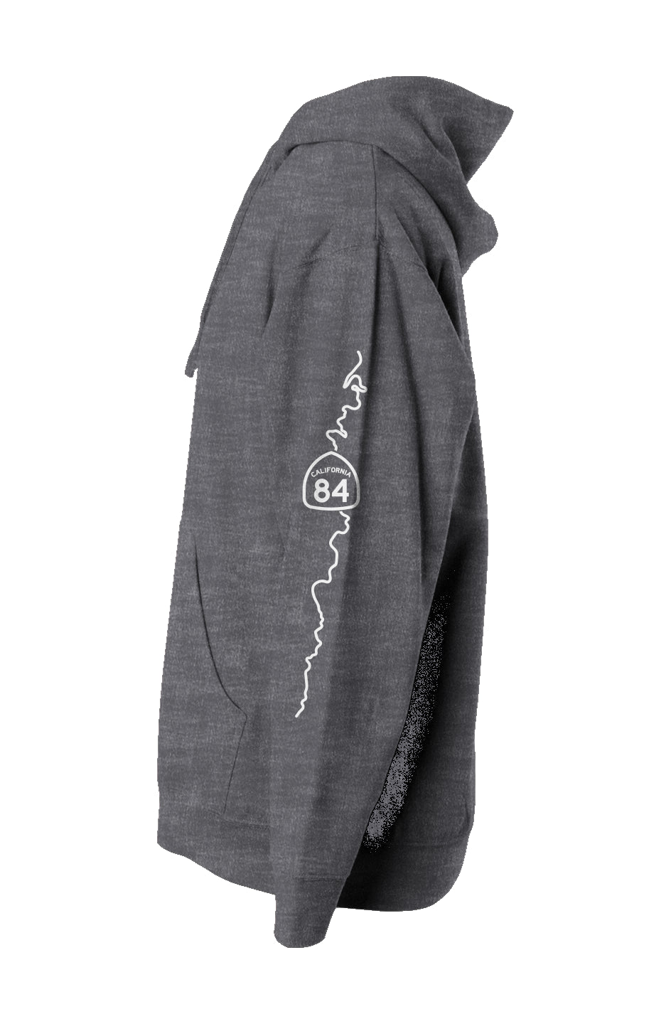 CA highway 84 map on sleeve of pullover hoodie from crown moto