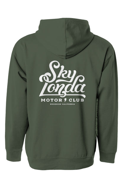 "sky londa motor club" logo on back of pullover hoodie from crown moto