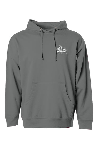 "sky londa motor club" logo on chest of pullover hoodie from crown moto