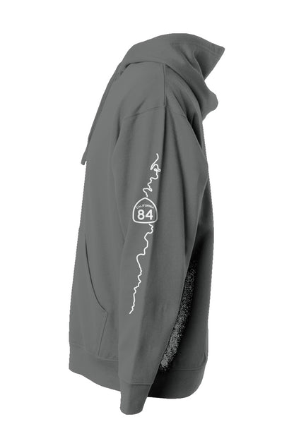 CA highway 84 map on sleeve of pullover hoodie from crown moto