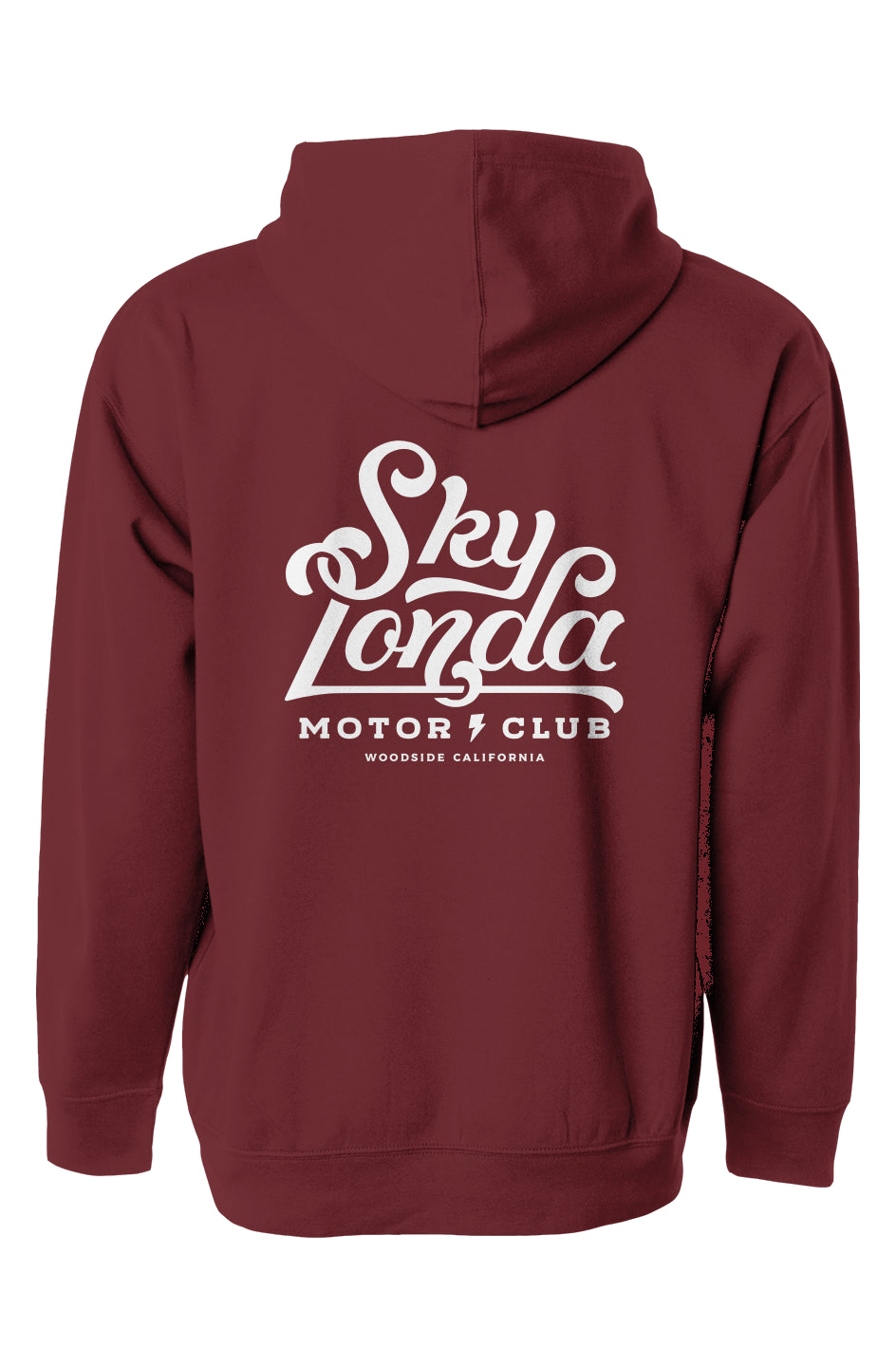 "sky londa motor club" logo on back of maroon pullover hoodie from crown moto