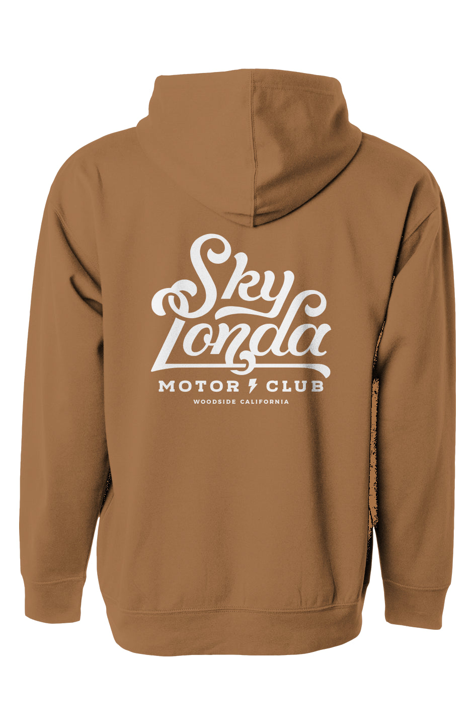 "sky londa motor club" logo on back of pullover hoodie from crown moto