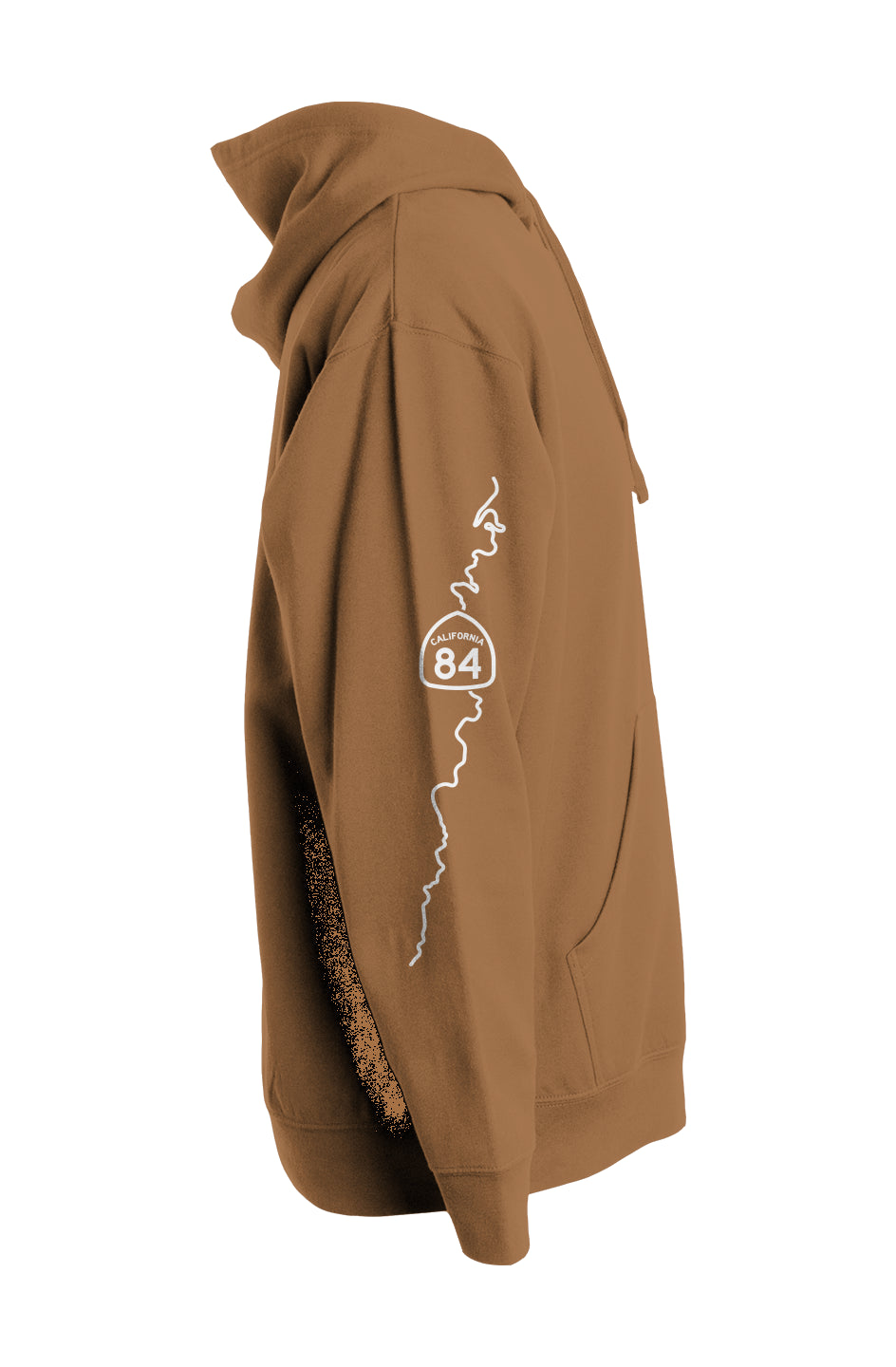 CA highway 84 map on sleeve of pullover hoodie from crown moto