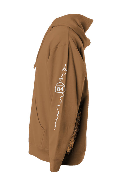 CA highway 84 map on sleeve of pullover hoodie from crown moto