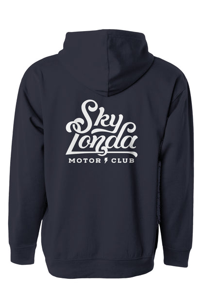 sky londa motor club logo on back of pullover hoodie from crown moto