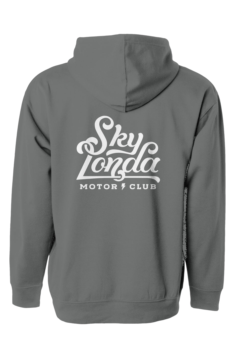 original "sky londa motor club" logo on back of pullover hoodie from crown moto