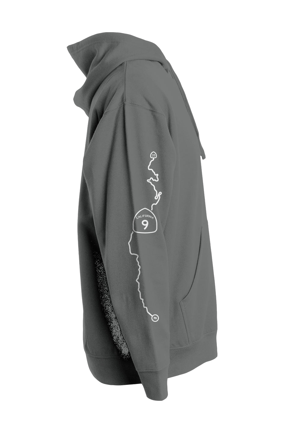 highway 9 map on sleeve of pullover hoodie from crown moto