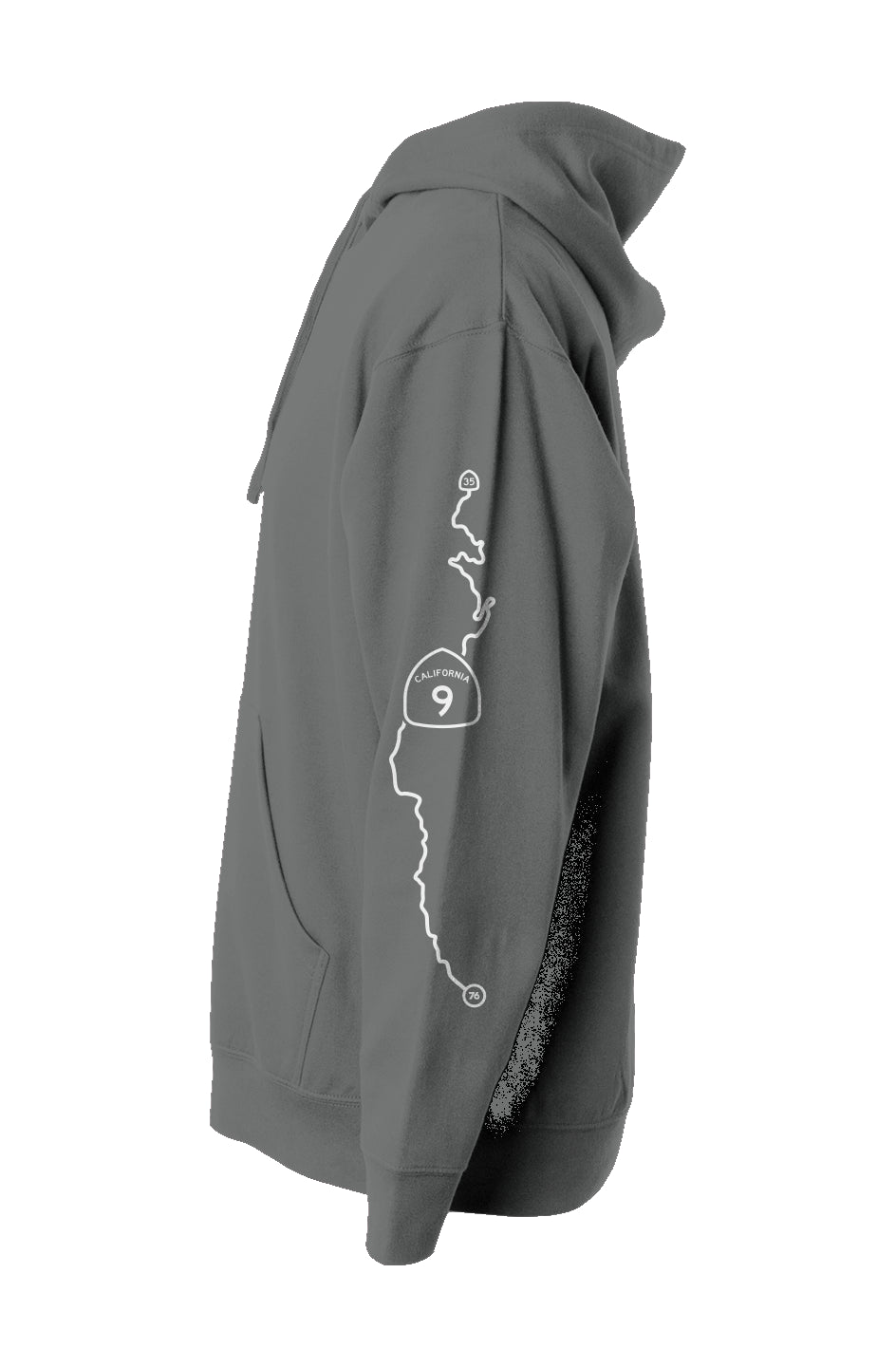 highway 9 map on sleeve of pullover hoodie from crown moto