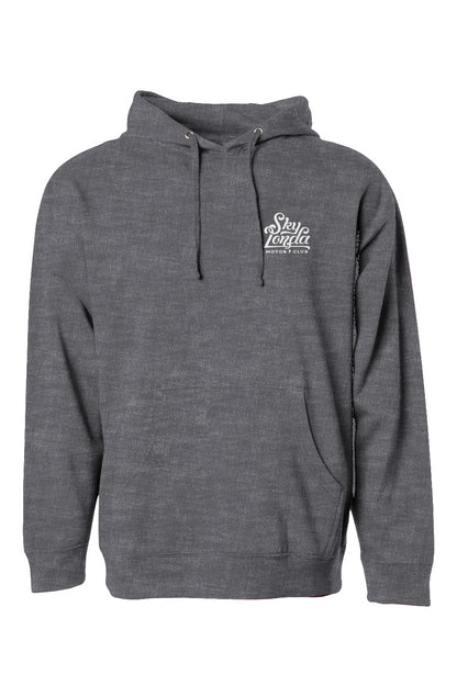 sky londa motor club logo on chest of pullover hoodie from crown moto