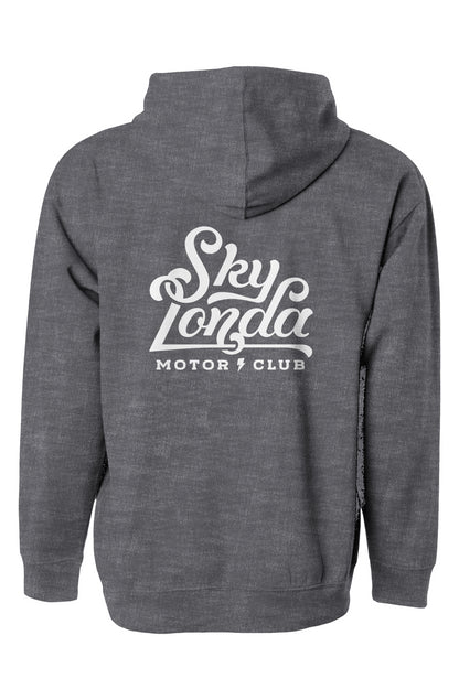 sky londa motor club logo on back of pullover hoodie from crown moto