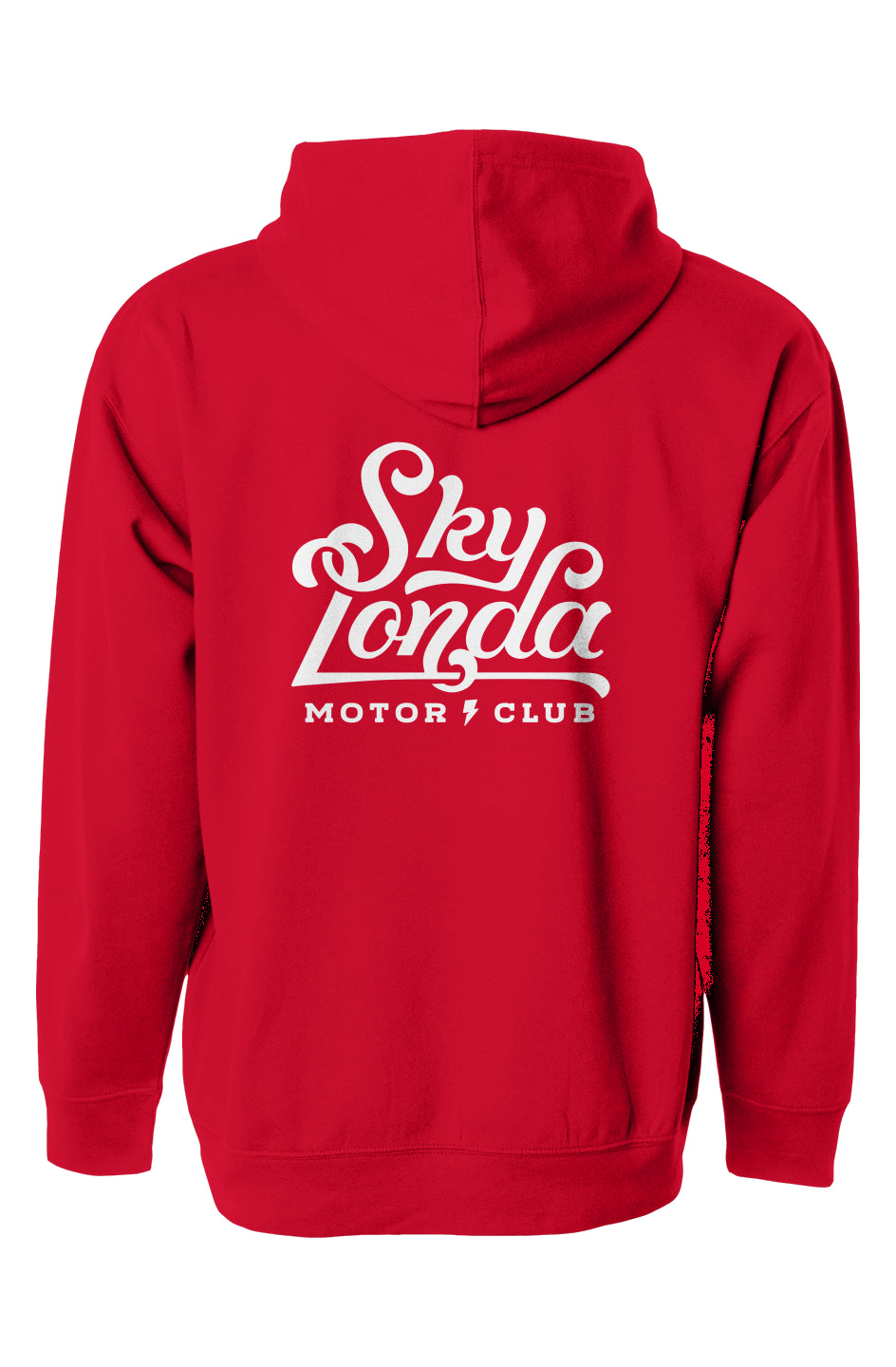 sky londa motor club logo on back of red pullover hoodie from crown moto