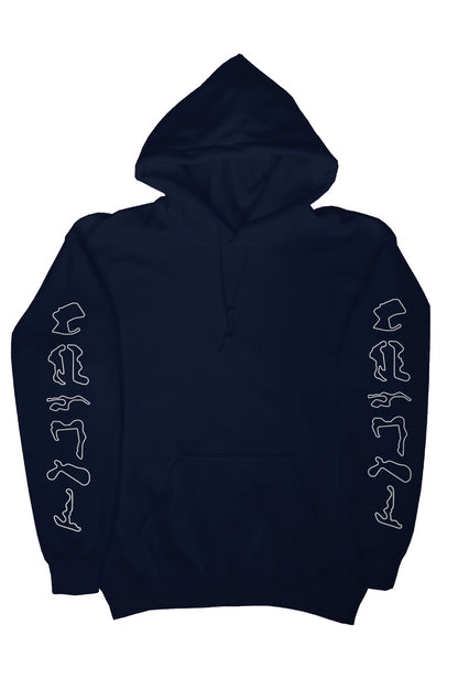 california race track maps on both sleeves of this heavyweight hooded sweatshirt from "crown moto"