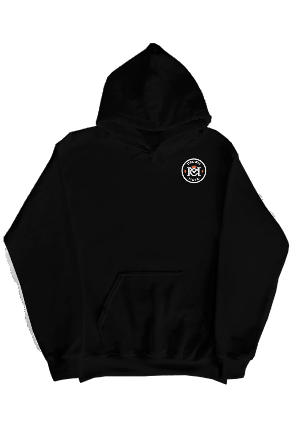 trademarked crown moto logo on left chest of heavyweight hooded sweatshirt