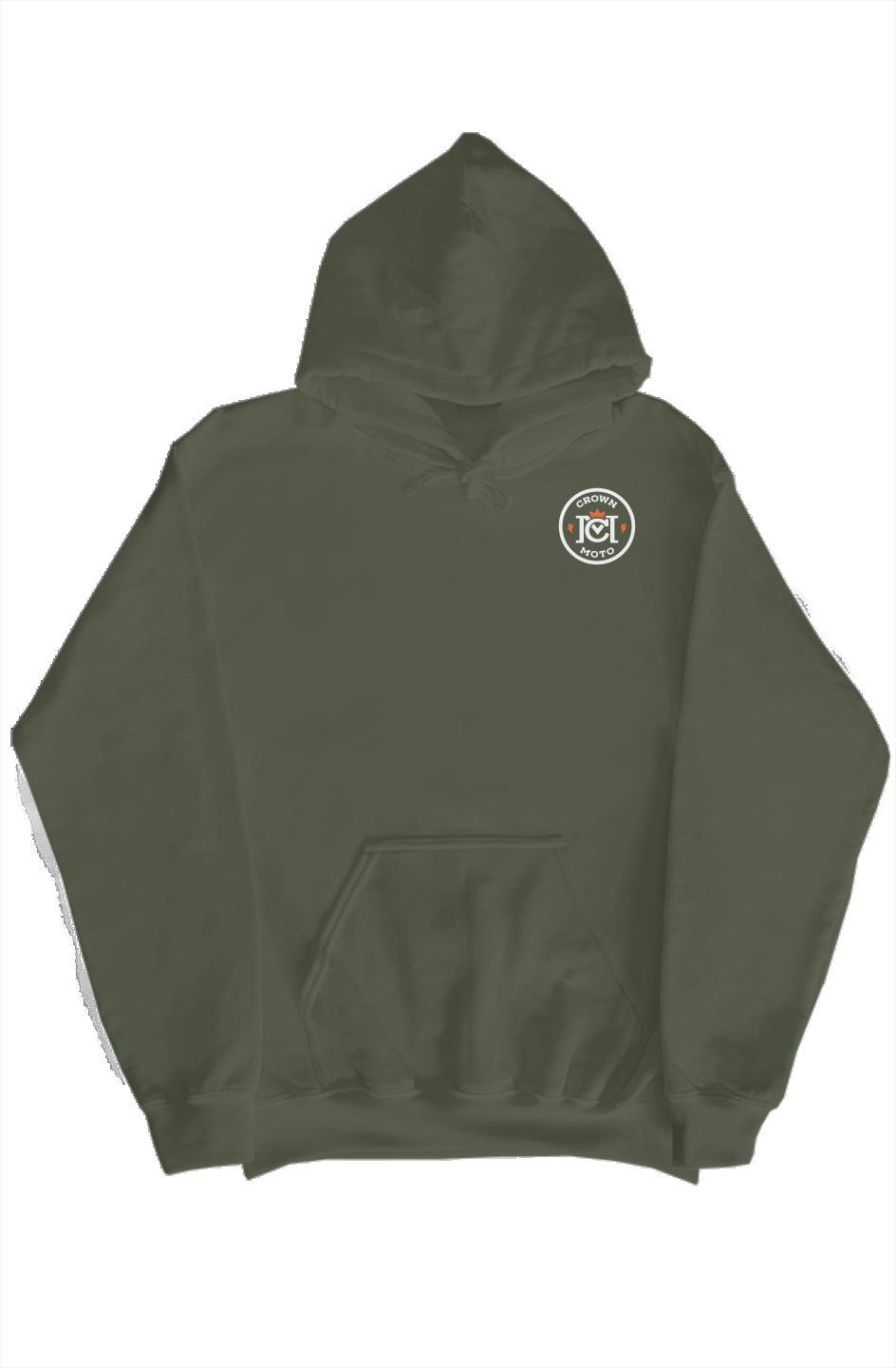 trademarked crown moto logo on chest of heavyweight hooded sweatshirt