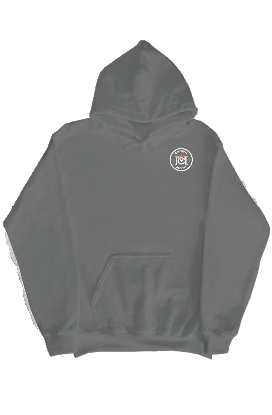 trademarked crown moto logo on chest of heavyweight hooded sweatshirt