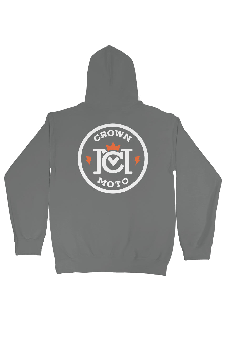 trademarked crown moto logo on back of heavyweight hooded sweatshirt