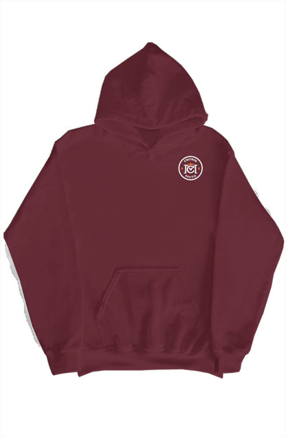 trademarked crown moto logo on left chest of heavyweight hooded sweatshirt