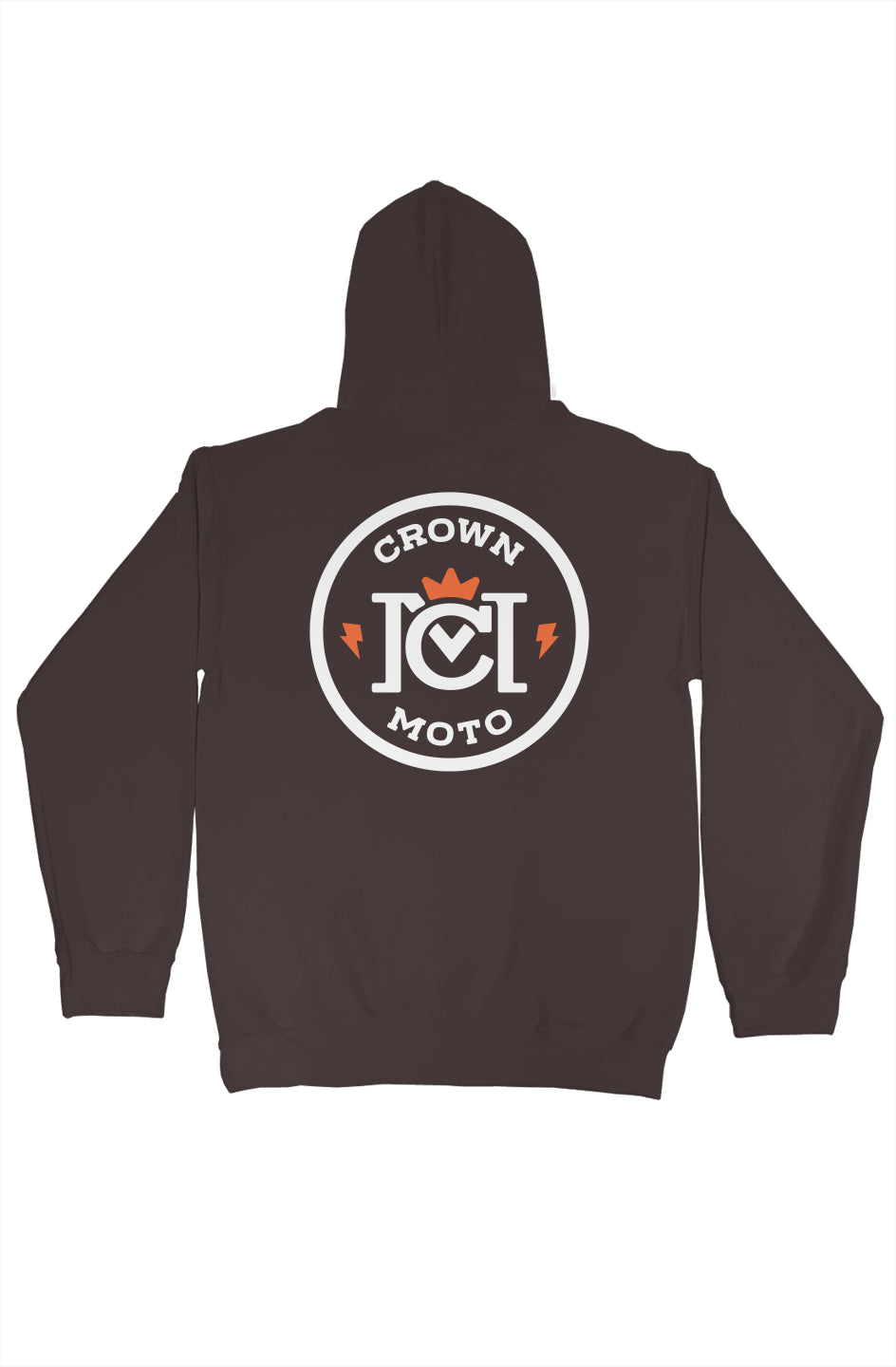 trademarked crown moto logo in circle on back of this heavyweight hooded sweatshirt