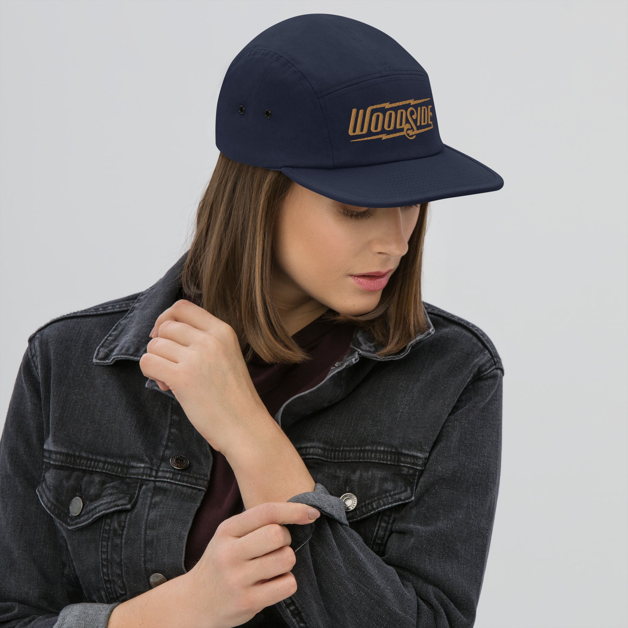 Woman wearing Woodside Brand embroidered camper hat