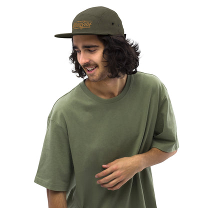 Man wearing olive green Woodside Brand embroidered camper hat