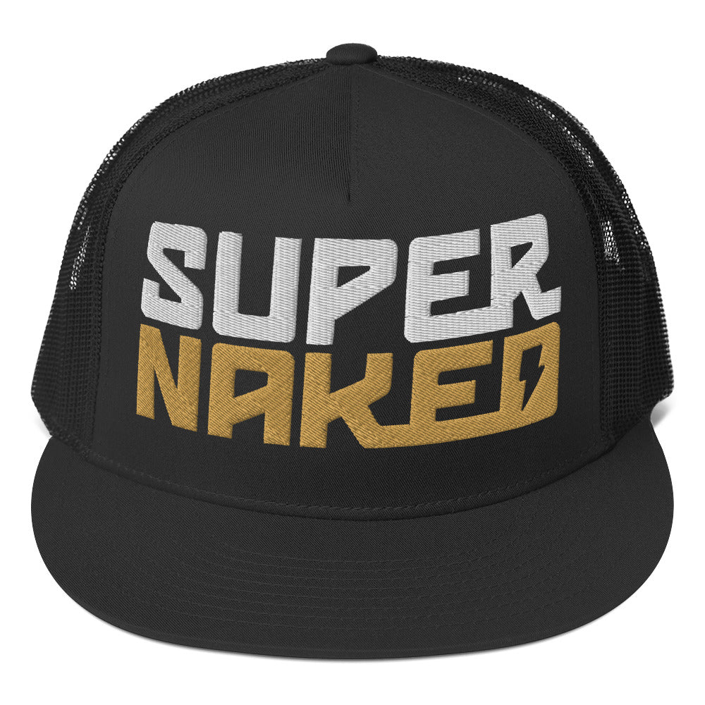 Gold and white Super Naked logo embroidered on front of black trucker hat by Crown Moto