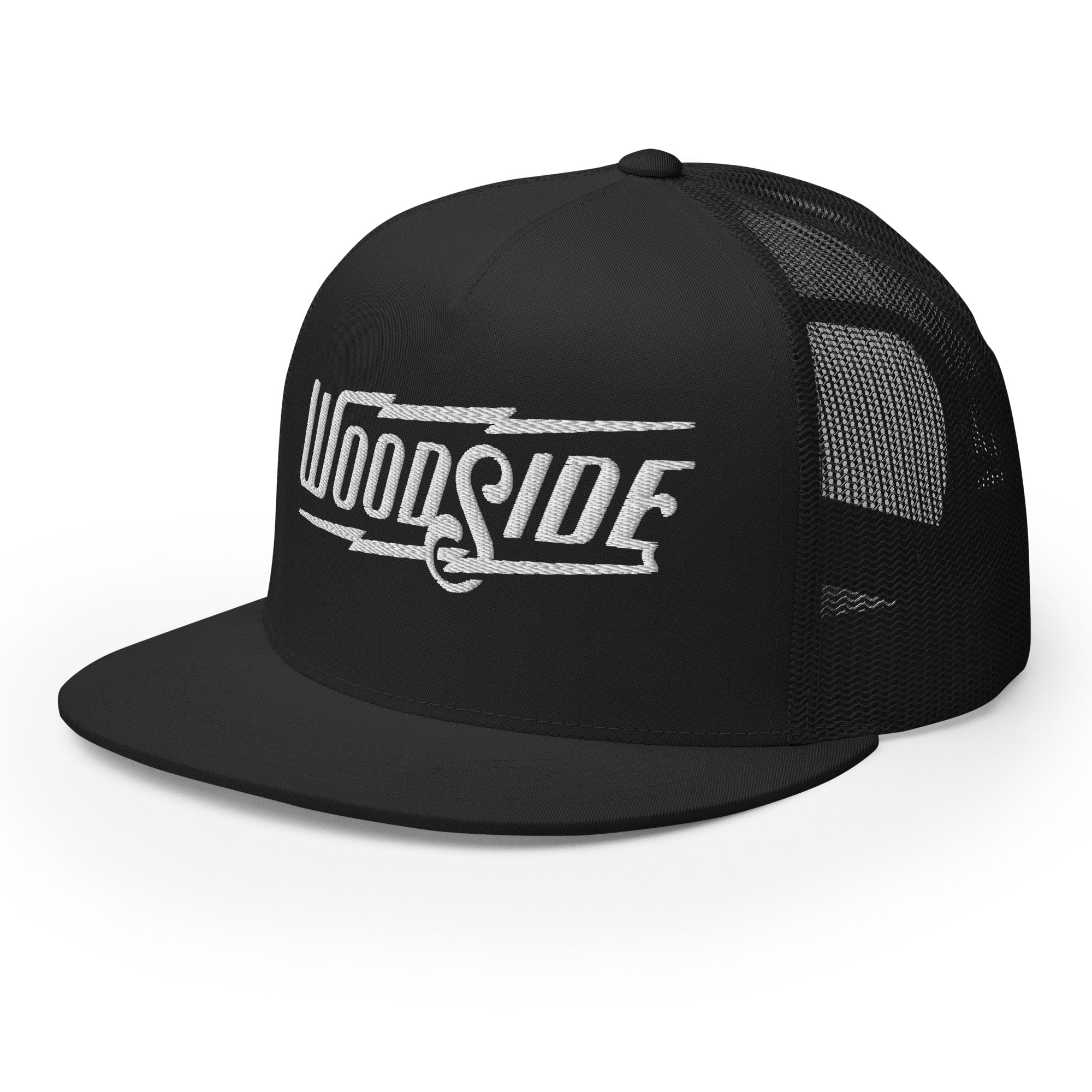 Woodside Brand embroidered snapback trucker hat with white embroidery