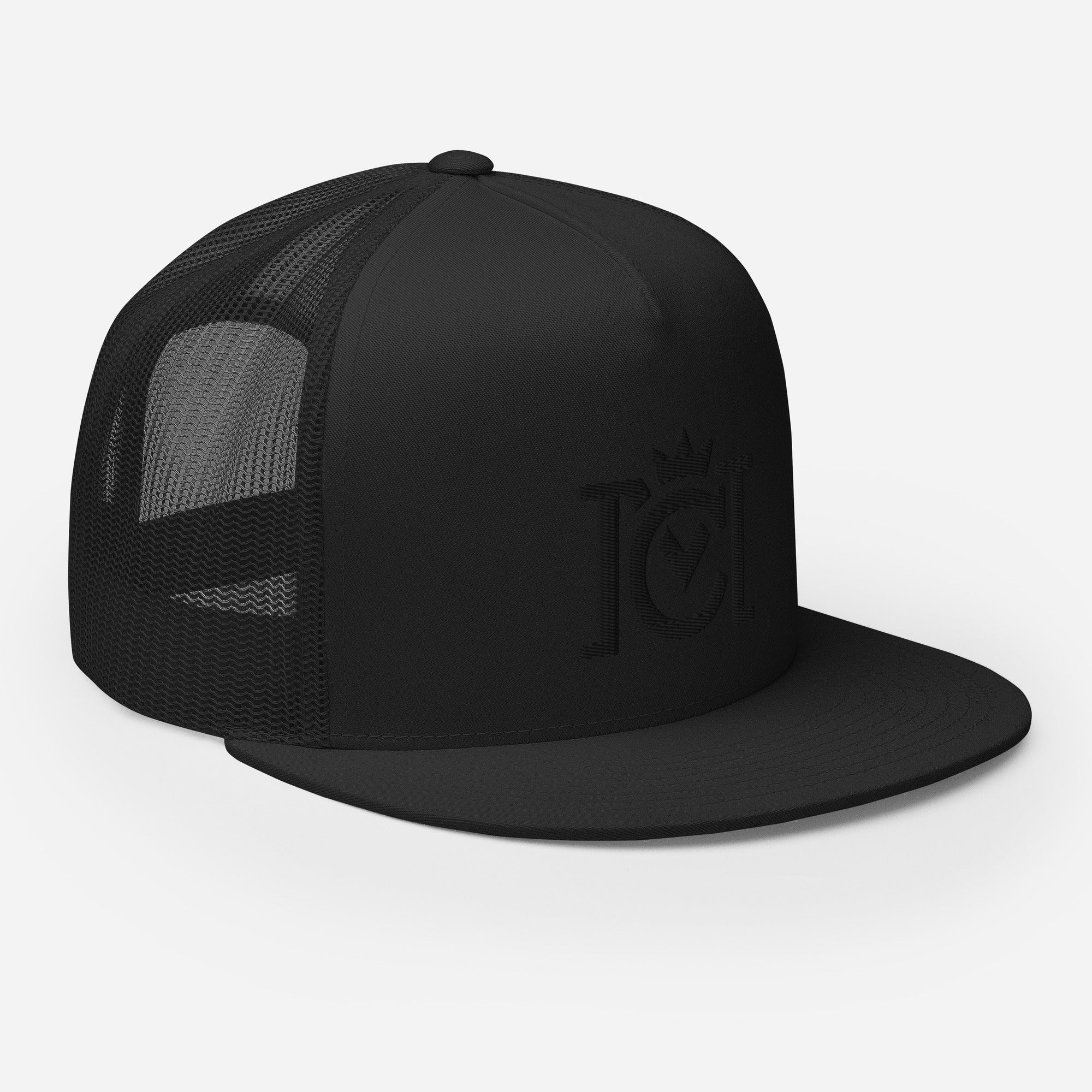 Trademarked Crown Moto logo embroidered in black 3D puff style on front of flat bill snapback hat